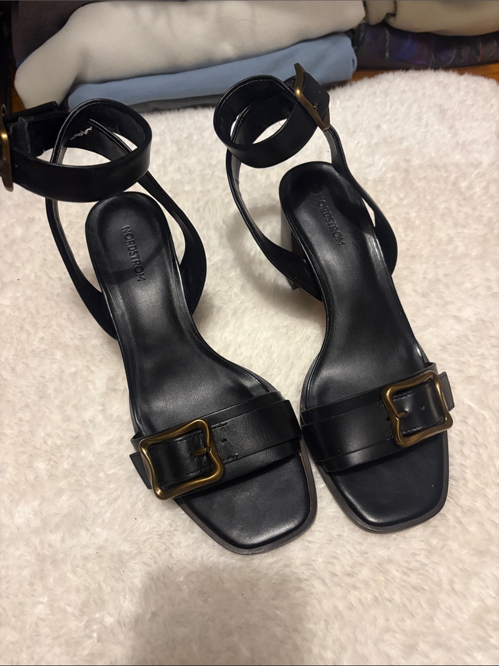 Nordstrom Black Leather Ankle-Strap Heeled Sandals with Brass Buckles